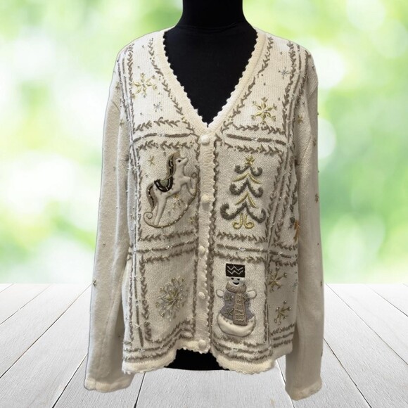Designers Originals Studio Sweaters - Vintage Christmas Cardigan Hand Embroidered Beaded Rocking Horse Snowman Size L